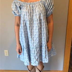 Elegant Light Blue Puff Sleeve Dress